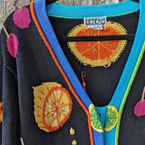 Vintage 80s Berek2 Tropical Fruit Citrus Cardigan Sweater Size Medium - Picture 2 of 8